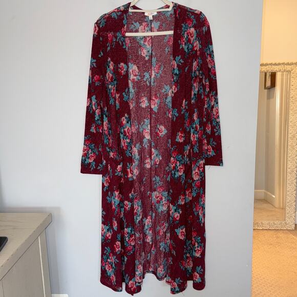 Lularoe Sarah Floral Duster Cardigan Size Medium Pockets Long Burgundy Red Blue - Picture 1 of 8